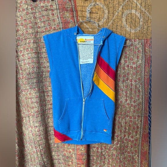 Aviator Nation Blue Zip Vest with Red and Orange Stripes - Picture 2 of 4